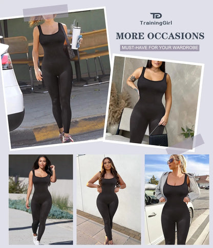 Women Workout Seamless Jumpsuit Yoga Ribbed Bodycon One Piece Square Neck Leggings Romper