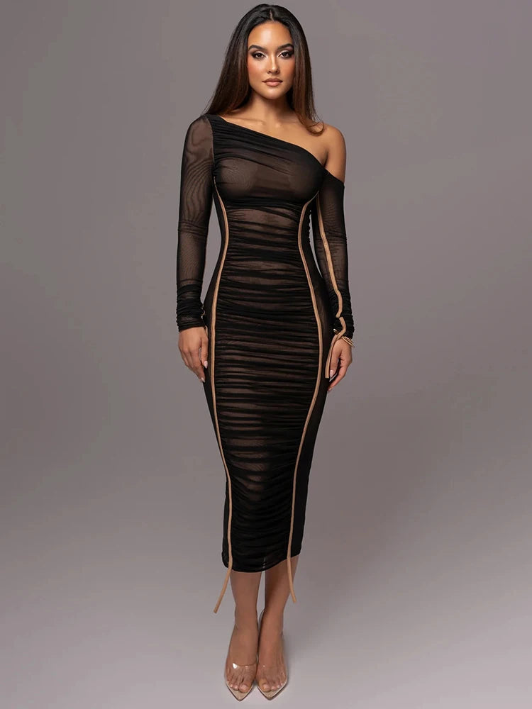 Mozision Diagonal Collar Long Sleeve Midi Dress For Women Two Layer Mesh Backless Ruched Bodycon Club Party Sexy Long Dress