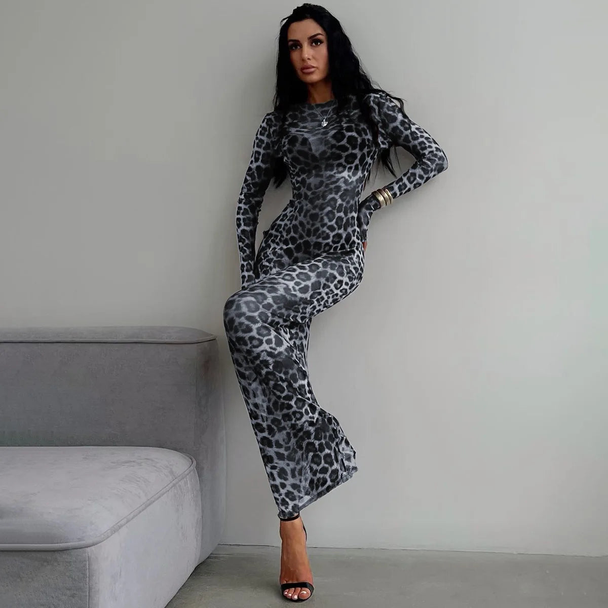 Hugcitar 2024 Leopard Print Mesh Long Sleeve Sexy Slim  See Through Maxi Dress Fall Women Fashion Outfits Beach Vacation Club