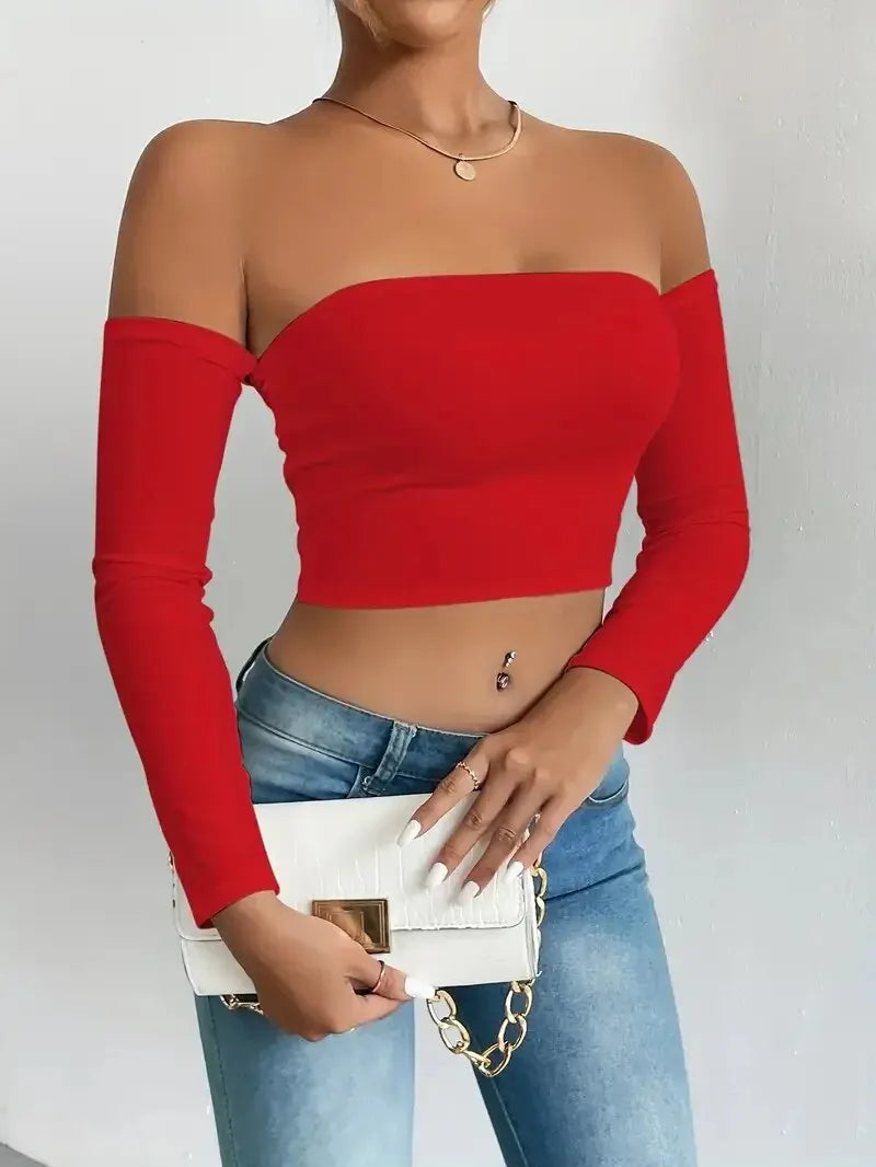 Women's Off Shoulder Long Sleeve Crop Top - Casual Spring/Fall Shirt