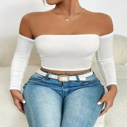 Women's Off Shoulder Long Sleeve Crop Top - Casual Spring/Fall Shirt