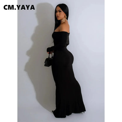 CM.YAYA Women Off Shoulder Butterfly Long Sleeve Bodycon Midi Maxi Dress 2023 Autumn Street Evening Vestidos Sexy Party Dresses