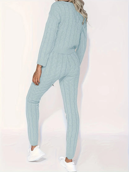 Solid Knitted Matching Two-piece Set  Casual Long Sleeve Sweater & Pants Outfits  Women's Clothing