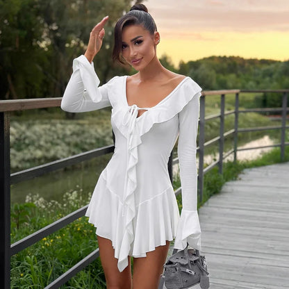 TARUXY White Deep V Neck Ruffled Dress For Women Long Flare Sleeve Autumn Fashion Beach Party Short Dresses Female Sexy Slim