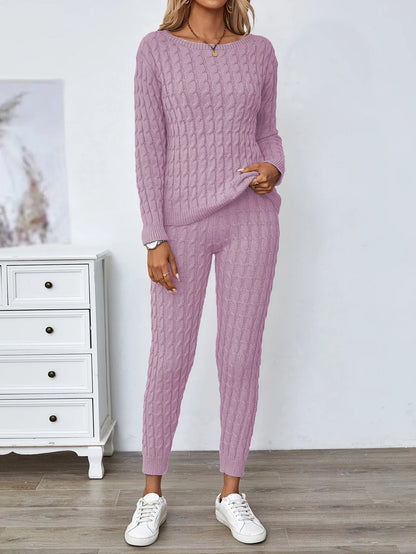 Solid Knitted Matching Two-piece Set  Casual Long Sleeve Sweater & Pants Outfits  Women's Clothing