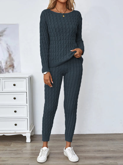 Solid Knitted Matching Two-piece Set  Casual Long Sleeve Sweater & Pants Outfits  Women's Clothing