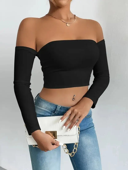 Women's Off Shoulder Long Sleeve Crop Top - Casual Spring/Fall Shirt