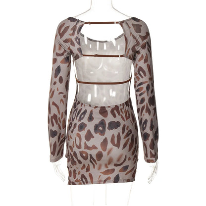 OMSJ New Open Back Leopard Print Wild Sexy Hottie Girls Dress Long Sleeve Hollow Crew Neck Sheath Mini Dress Autumn 2024 Outfits