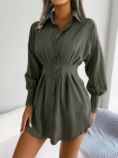 Women Casual Buttons Long Sleeve Shirt Dress Autumn 2023 Clothing White Blue Army Green