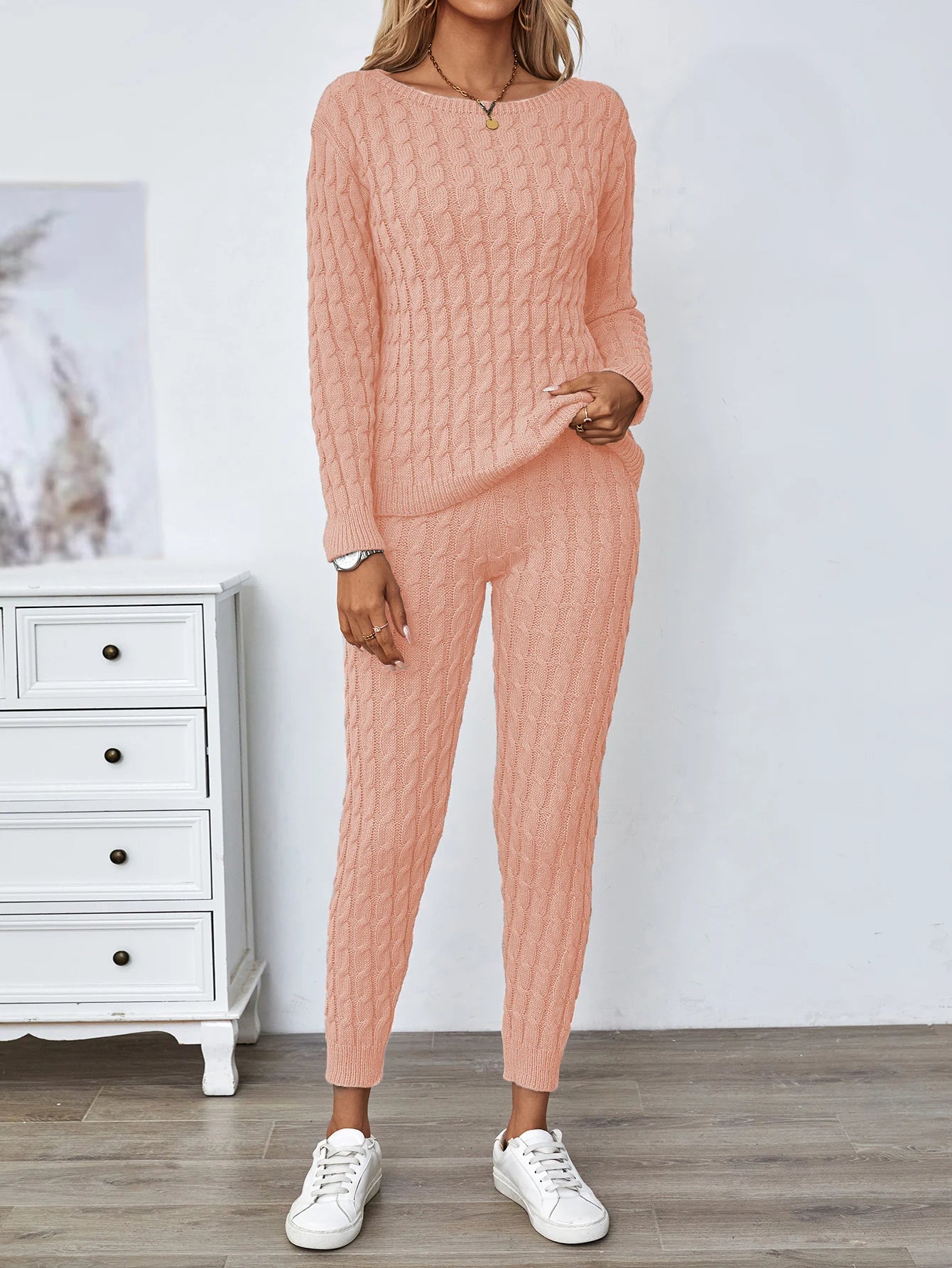 Solid Knitted Matching Two-piece Set  Casual Long Sleeve Sweater & Pants Outfits  Women's Clothing