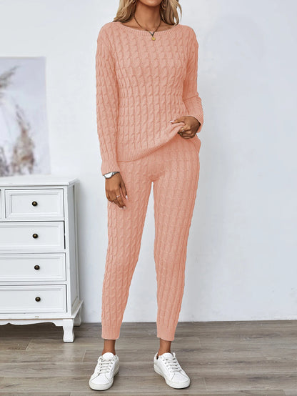 Solid Knitted Matching Two-piece Set  Casual Long Sleeve Sweater & Pants Outfits  Women's Clothing