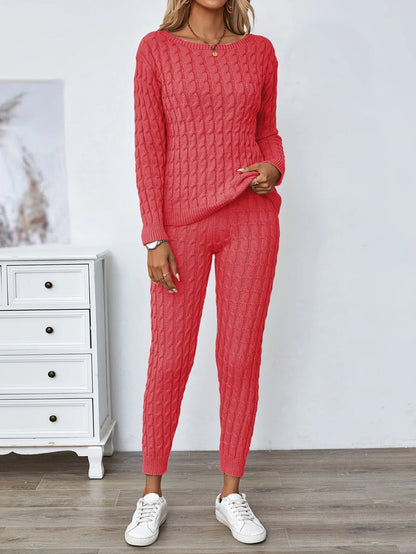 Solid Knitted Matching Two-piece Set  Casual Long Sleeve Sweater & Pants Outfits  Women's Clothing