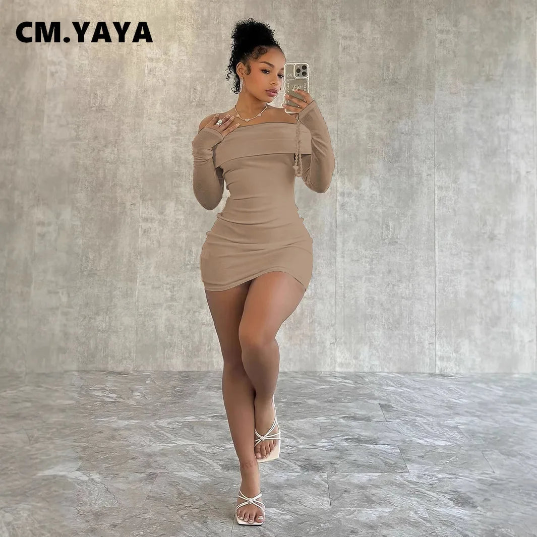 CM.YAYA 2024 Women Slash Neck Long Sleeve Ruched Mini Dress 2025 Winter Bodycon Sexy Streetwear Evening Night Club Party Dresses