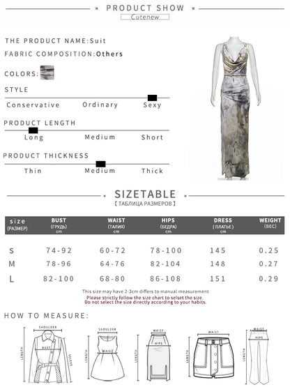 Cutenew Backless Women Dress Tie Dye Aesthetic Fashion Swinging Neck Cross Strap High Side Split Long Bodycon Elegant New Robe