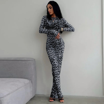 Hugcitar 2024 Leopard Print Mesh Long Sleeve Sexy Slim  See Through Maxi Dress Fall Women Fashion Outfits Beach Vacation Club