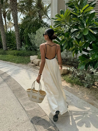 Fashion Contrasting Color Hollow Out Sling Maxi Dress Women Sexy Sleeveless Backless Loose Dresses 2024 Lady Casual Streetwear