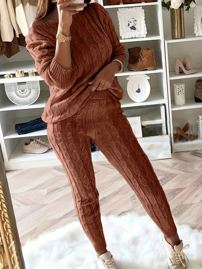 Solid Knitted Matching Two-piece Set  Casual Long Sleeve Sweater & Pants Outfits  Women's Clothing