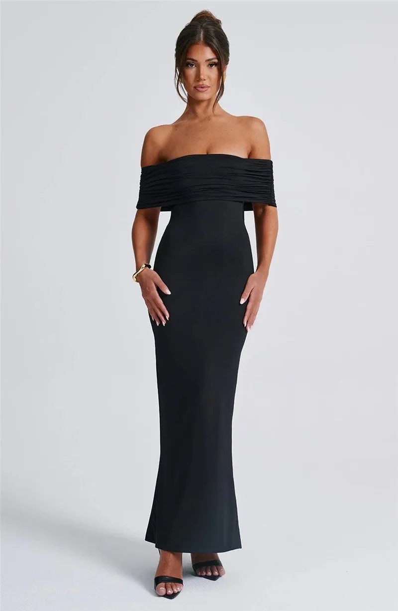 Mozision Strapless Backless Sexy Maxi Dress For Women Black Solid Off-shoulder Sleeveless Bodycon Club Party Long Dress Elegant