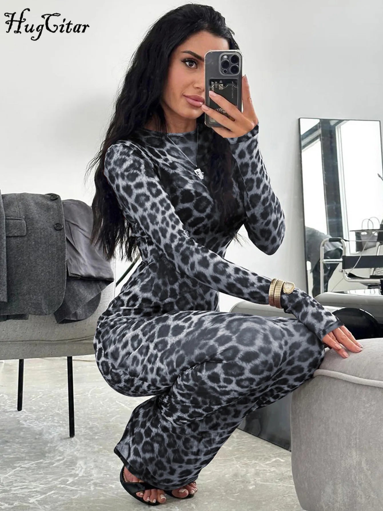 Hugcitar 2024 Leopard Print Mesh Long Sleeve Sexy Slim  See Through Maxi Dress Fall Women Fashion Outfits Beach Vacation Club