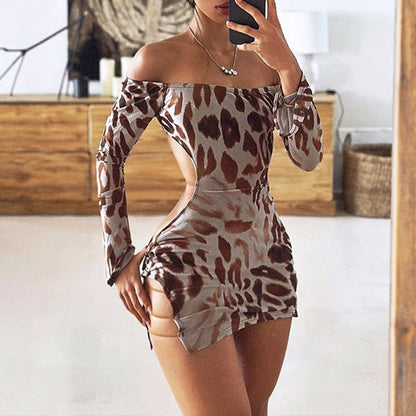 OMSJ New Open Back Leopard Print Wild Sexy Hottie Girls Dress Long Sleeve Hollow Crew Neck Sheath Mini Dress Autumn 2024 Outfits