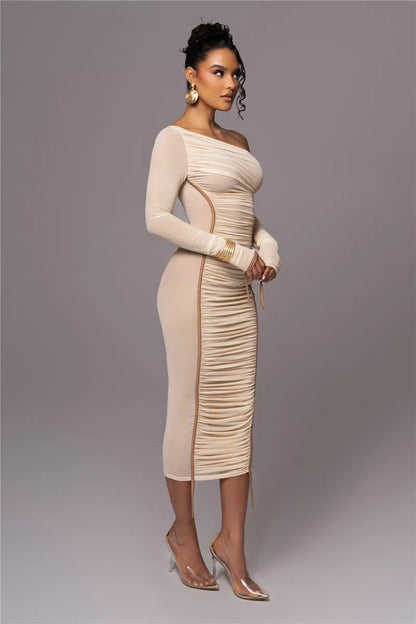 Mozision Diagonal Collar Long Sleeve Midi Dress For Women Two Layer Mesh Backless Ruched Bodycon Club Party Sexy Long Dress