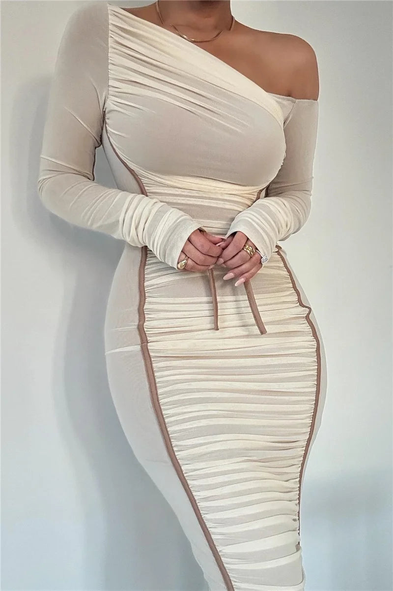 Mozision Diagonal Collar Long Sleeve Midi Dress For Women Two Layer Mesh Backless Ruched Bodycon Club Party Sexy Long Dress