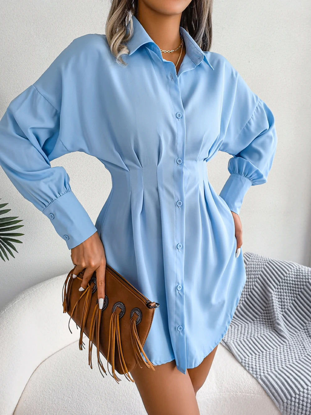 Women Casual Buttons Long Sleeve Shirt Dress Autumn 2023 Clothing White Blue Army Green