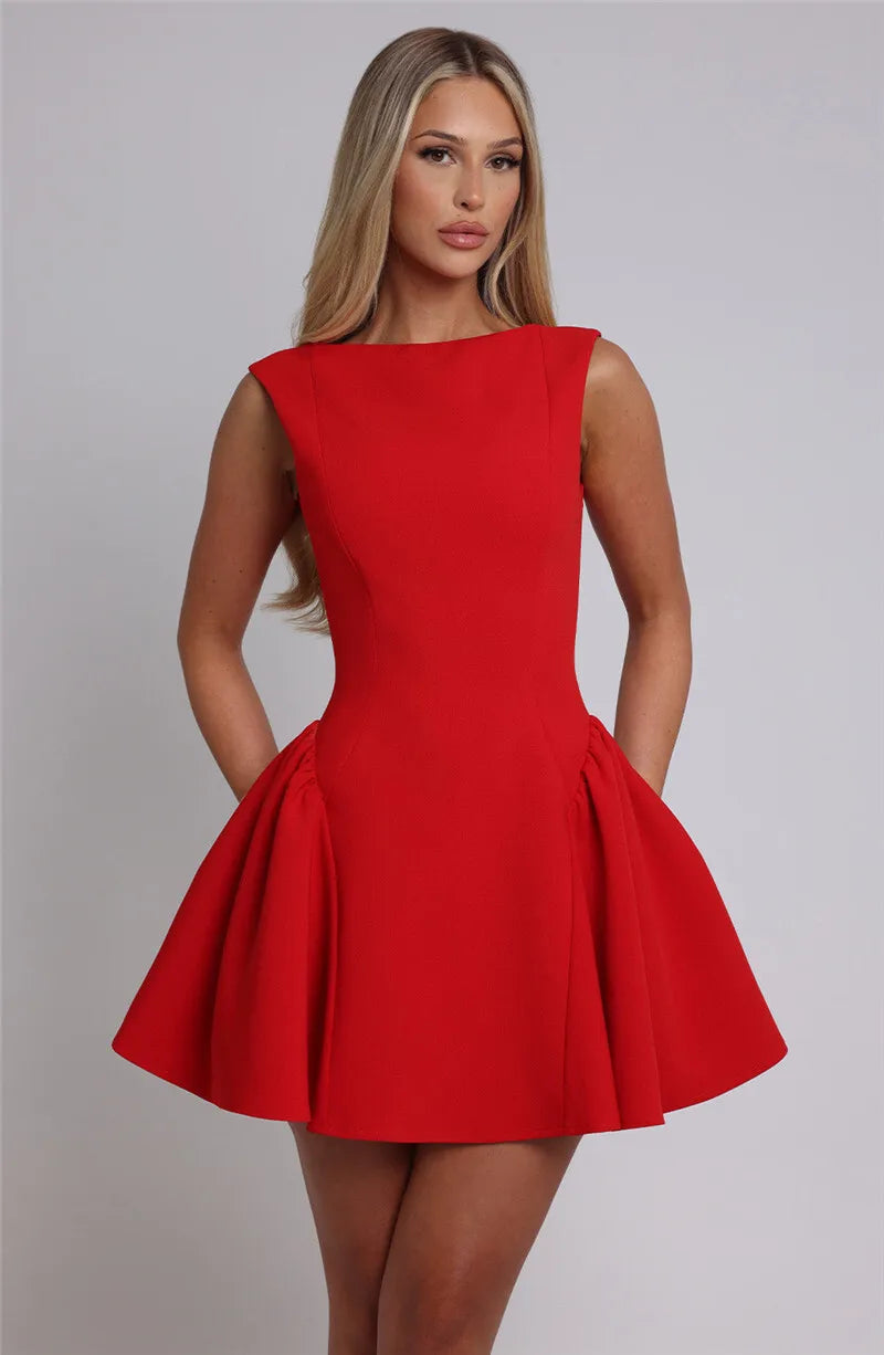 Mozision Backless High Waist A-line Sexy Mini Dress For Women Robe Fashion Solid O Neck Bodycon Club Party Sexy Dress Elegant