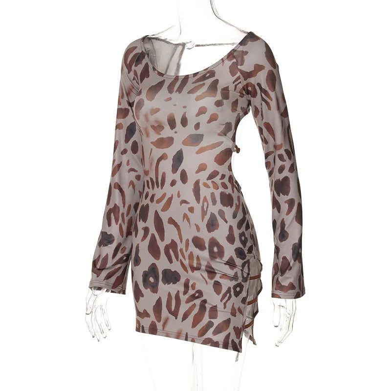 OMSJ New Open Back Leopard Print Wild Sexy Hottie Girls Dress Long Sleeve Hollow Crew Neck Sheath Mini Dress Autumn 2024 Outfits