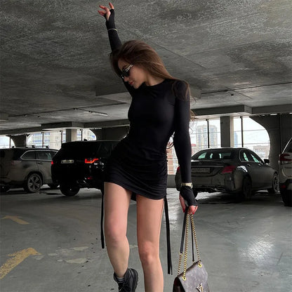 Ruched O Neck Long Sleeve Black Dress Drawstring Autumn Fahshion Sexy Bodycon Bandage Mini Dresses Y2k Women Clothes Vestidos