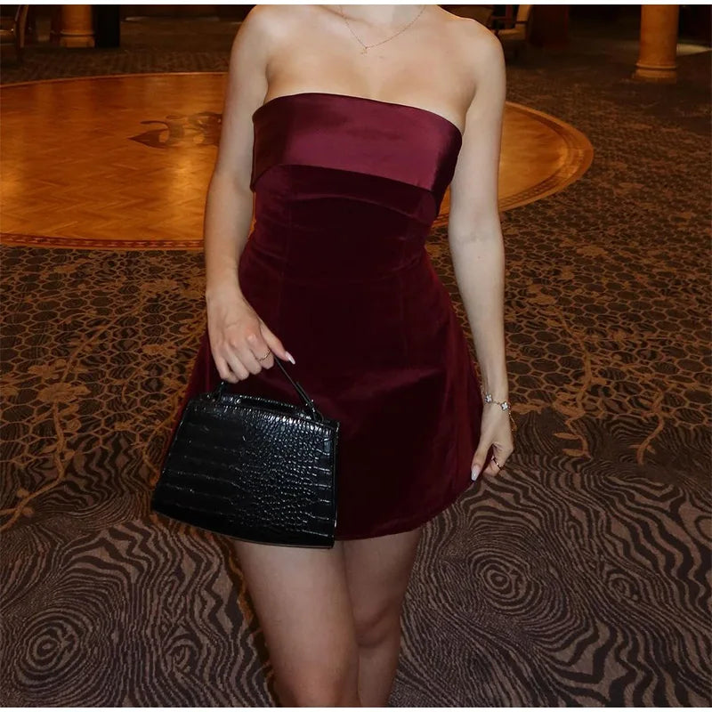 Elegant Burgundy Strapless Velvet Mini Dress Sexy Backless High Waist A-line Dresses Vintage Evening Club Party Female Robes