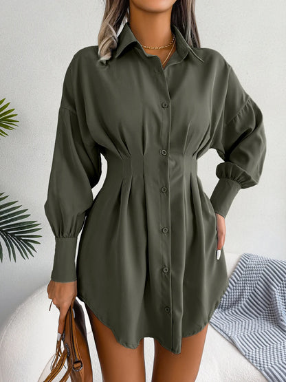 Women Casual Buttons Long Sleeve Shirt Dress Autumn 2023 Clothing White Blue Army Green