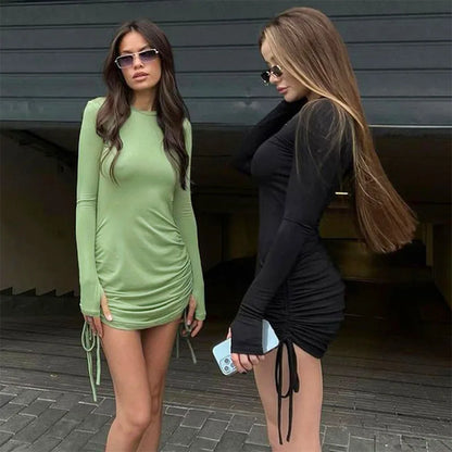 Ruched O Neck Long Sleeve Black Dress Drawstring Autumn Fahshion Sexy Bodycon Bandage Mini Dresses Y2k Women Clothes Vestidos