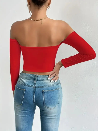 Women's Off Shoulder Long Sleeve Crop Top - Casual Spring/Fall Shirt