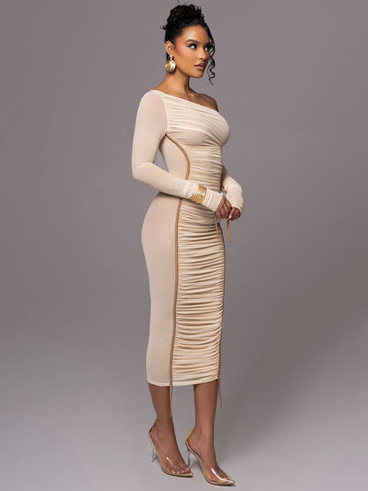 Mozision Diagonal Collar Long Sleeve Midi Dress For Women Two Layer Mesh Backless Ruched Bodycon Club Party Sexy Long Dress