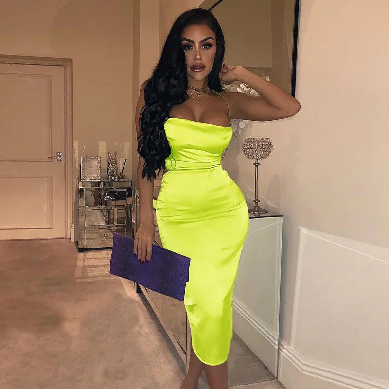 Neon Satin Lace Up Women's Long Midi Dress Light Pink Bodycon Backless Elegant Party Sexy Club Clothes 2022 Summer Dinner Outfit