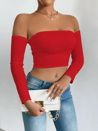 Women's Off Shoulder Long Sleeve Crop Top - Casual Spring/Fall Shirt