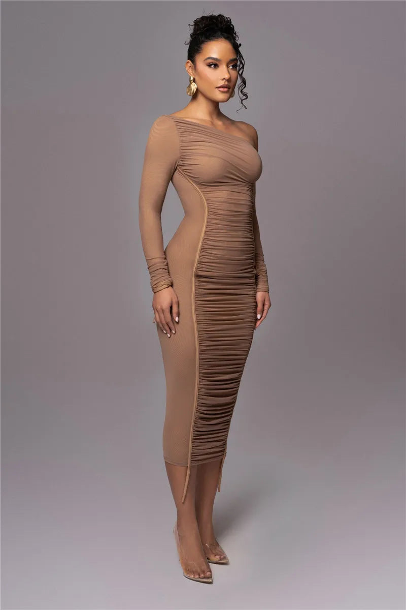 Mozision Diagonal Collar Long Sleeve Midi Dress For Women Two Layer Mesh Backless Ruched Bodycon Club Party Sexy Long Dress