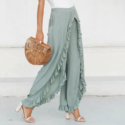 Vintage Green Ruffles High Waisted Wide Leg Pants