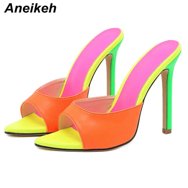 Aneikeh 2025 Orange Sandals Mules High Heels