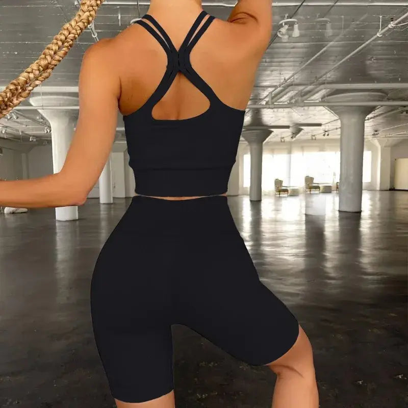 Backless Bra Strap Vest High Waist Leggings Shorts Fashion Sportswear