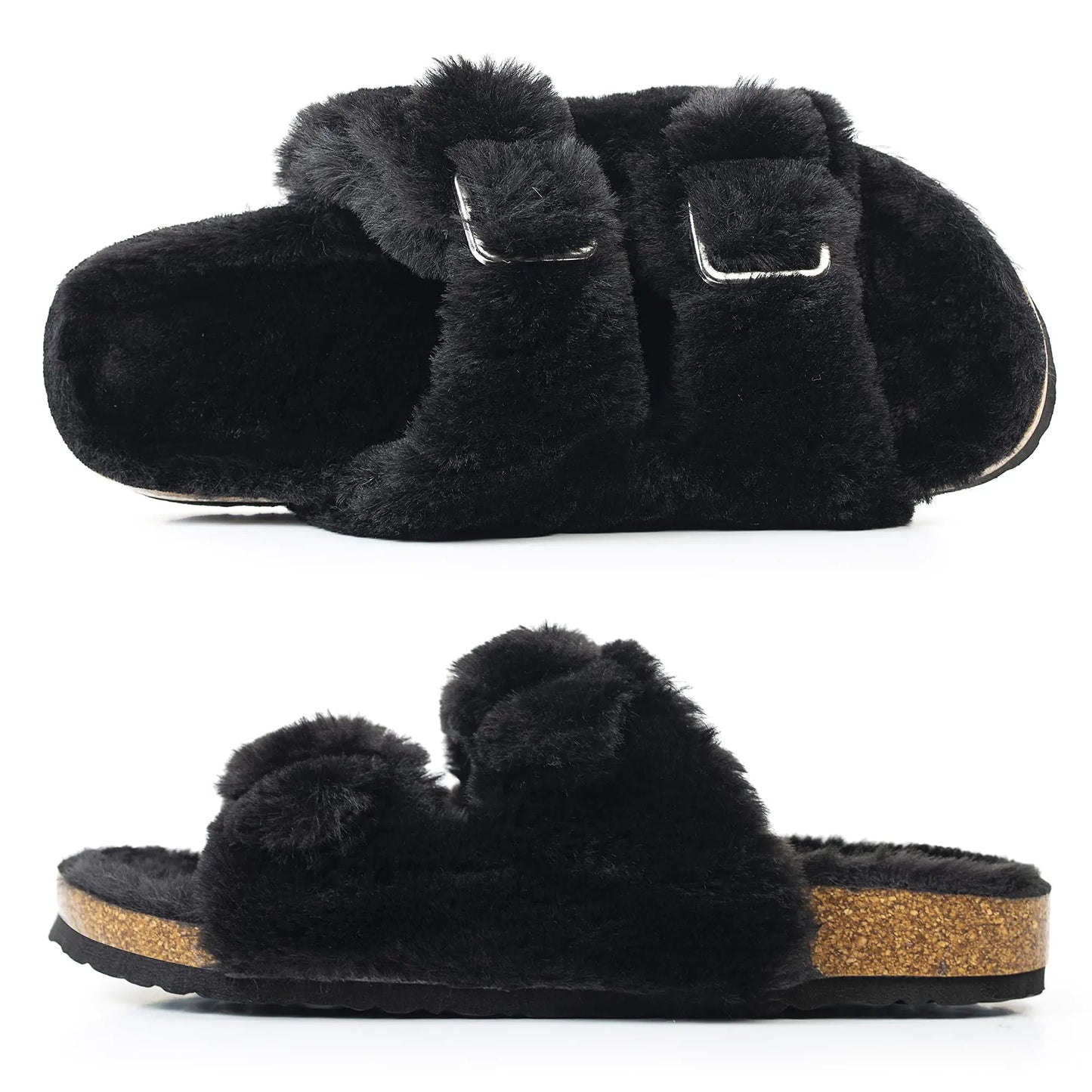 FITORY Womens Open Toe Slipper with Cozy Lining,Faux Rabbit Fur Cork Slide Sandals Size 6-11 7 Black