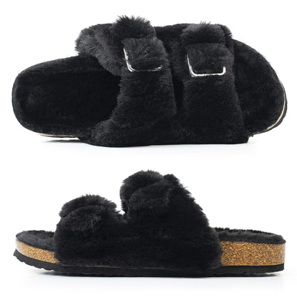 FITORY Womens Open Toe Slipper with Cozy Lining,Faux Rabbit Fur Cork Slide Sandals Size 6-11 7 Black