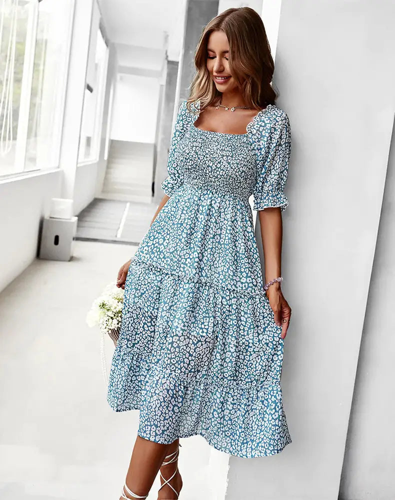 Off Shoulder High Waist Ruffle Stitching Dress